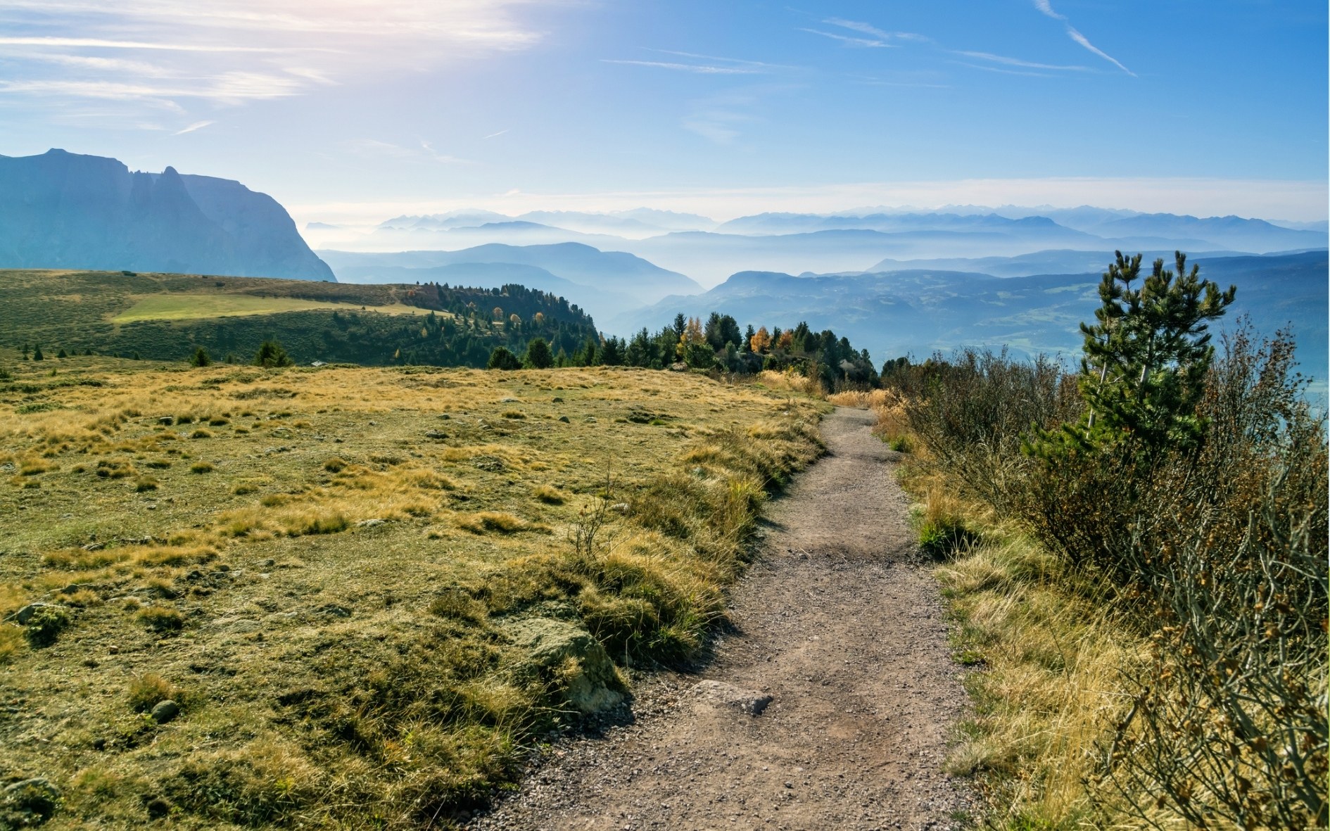 Sentier de randonnée serpentant dans un alpage face aux montagnes, aux Contamines-Montjoie